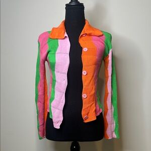 SHEIN Colorblock Button-Up Knit Cardigan in Orange, Pink & Green